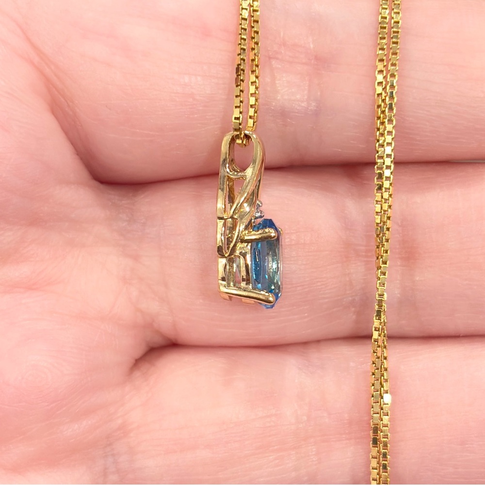 10K Blue Topaz Diamond Pendant: Dainty Small Gold Oval Solitaire Filigree Piece - Picture 7 of 11